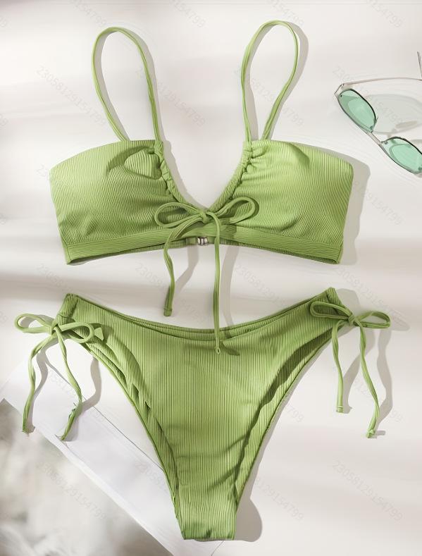 European & American Women's Sexy Tie-up Bikini - Solid Color Two-Piece Swimsuit