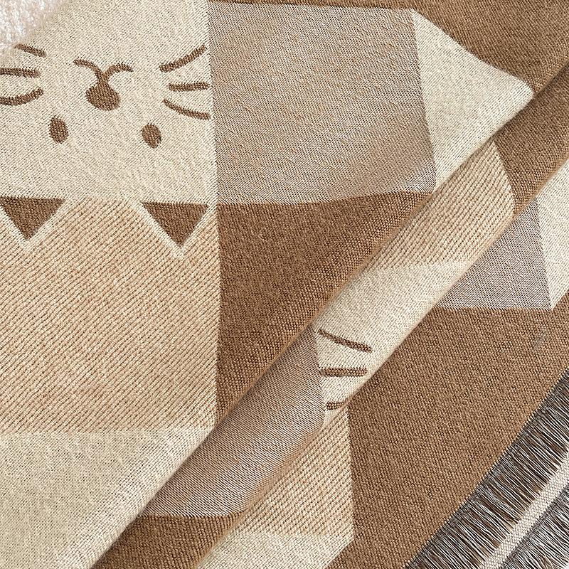 Geometric Square Slash Kitten Decorative Animal Sweet And Cute Xiaoqing Fresh Wind Autumn And Winter Women'S Imitation Cashmere Scarf