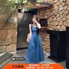 Blue Sleeveless Denim Suspender Dress Dress Women's Spring and Summer New Square Collar Waist Thin French Temperament Long Dress