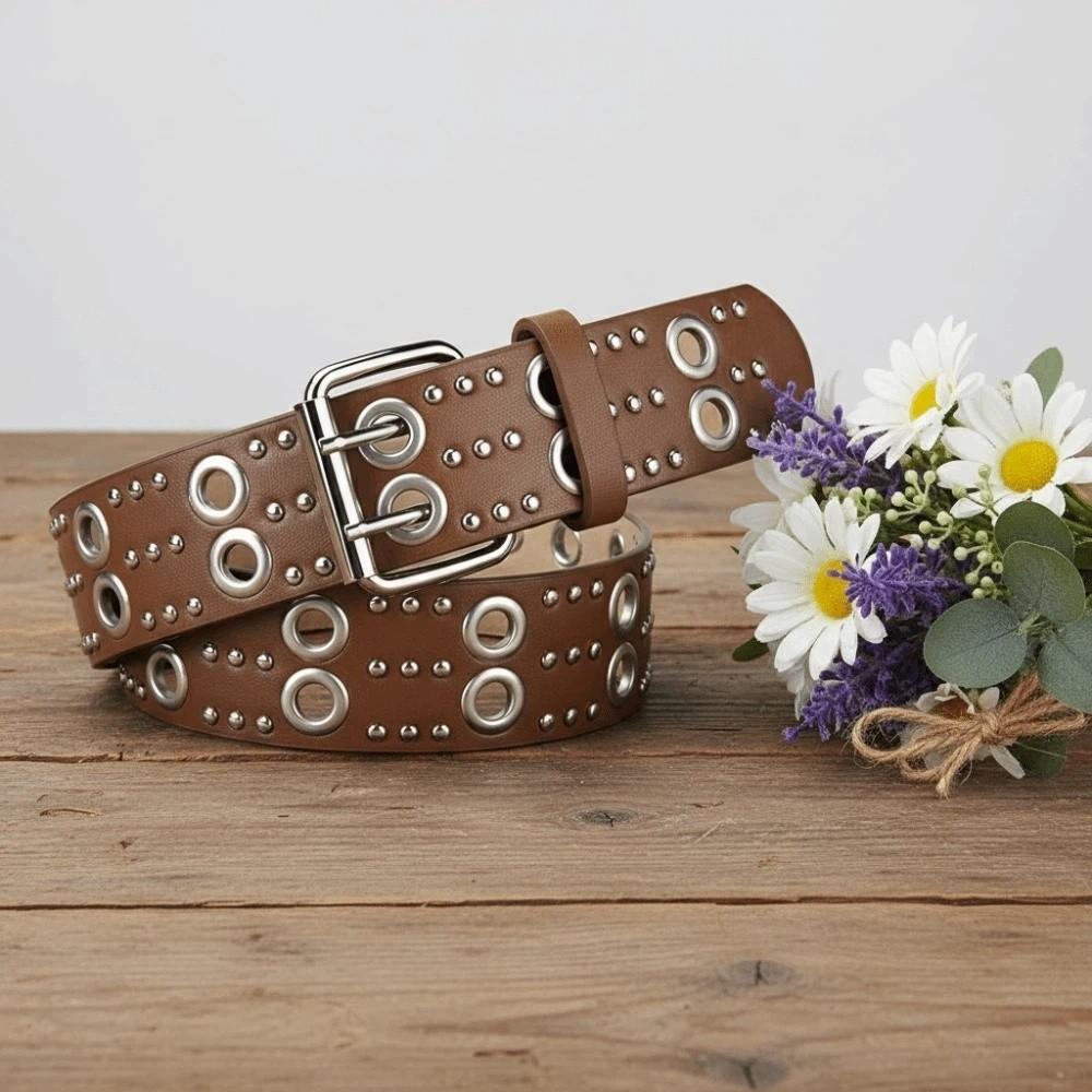 Ceinture à boucle à ardillon double rangée rivets creux ceintures en cuir noir réglables pour cadeau