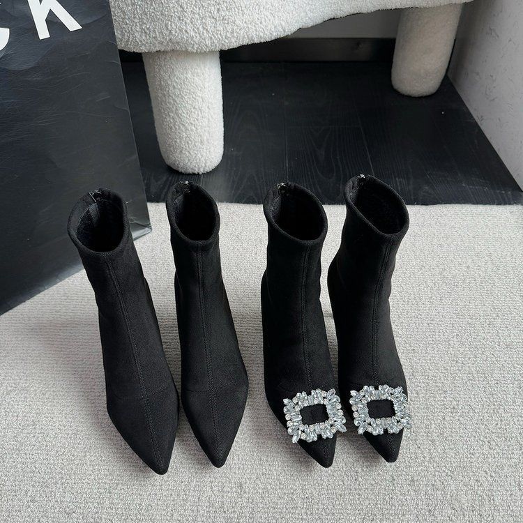 Stiletto Boots Black European and American Fashion Thin Boots Pointed Suede Retro High-heeled Elastic Socks High Sense