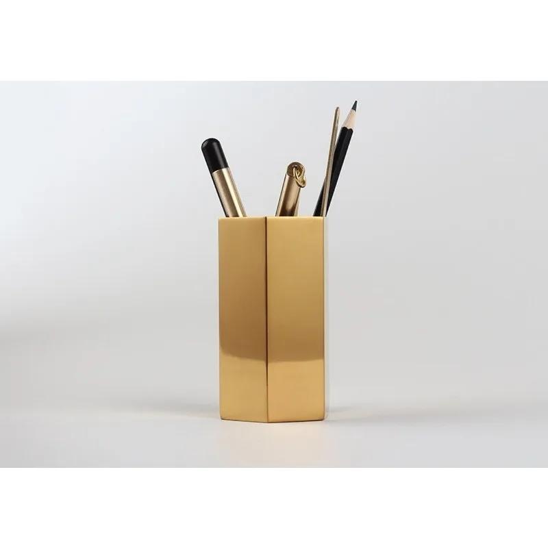 1pcs Stainless Steel Vases  Hexagon Pen Holder Gold Simple Style Home Decoration
