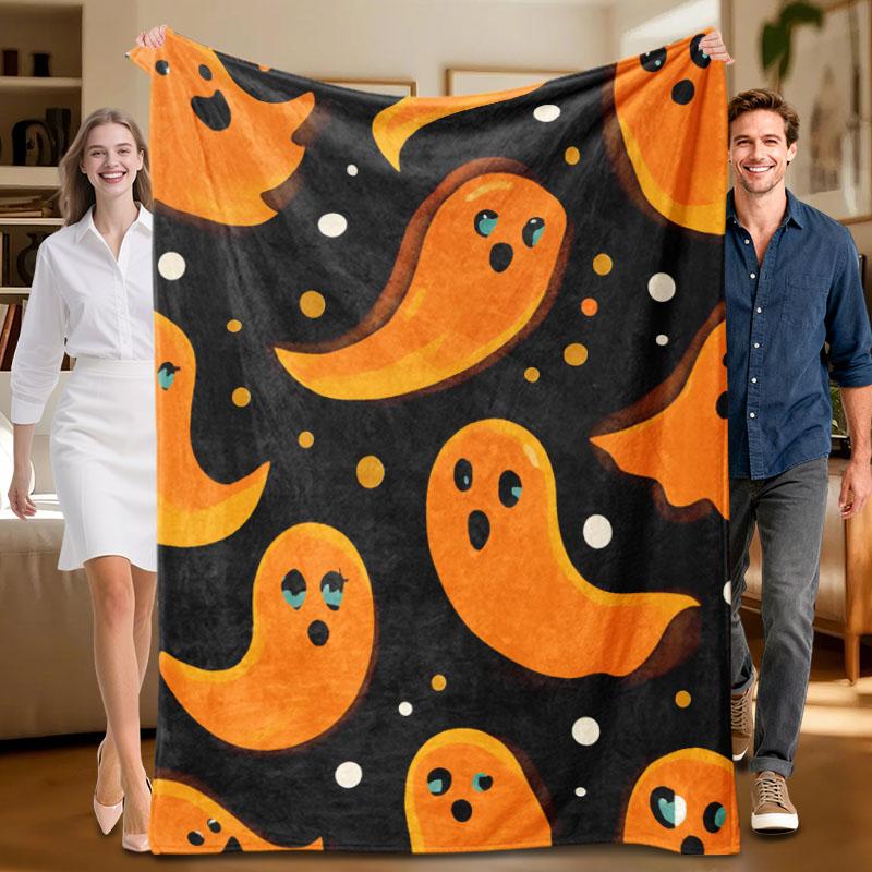1 piece orange ghost-themed flannel blanket, soft, suitable for sofa, bed, office, all-season use. 70x100cm