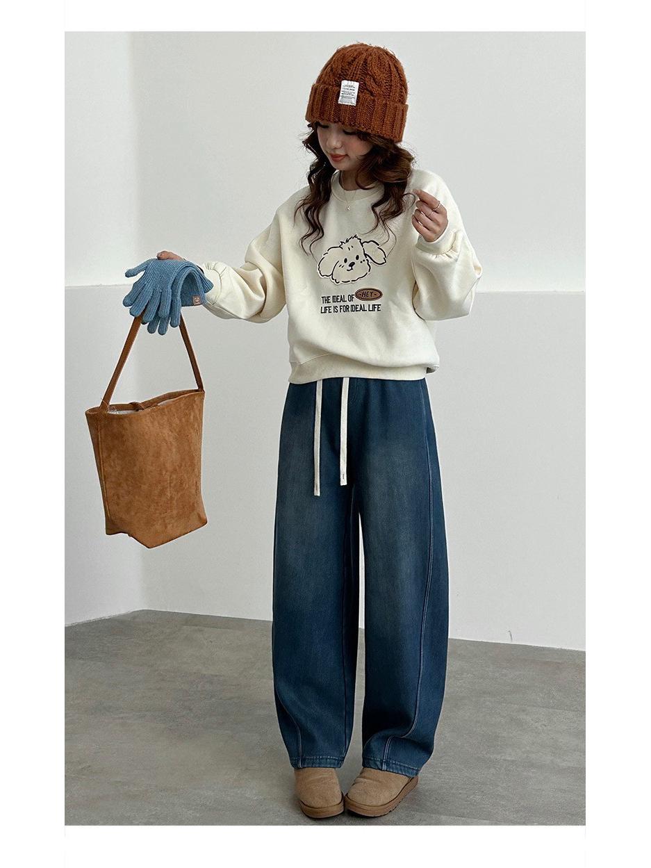 Autumn/Winter 2025 Lyocell Denim Plush Lined Wide Leg Banana Pants Women Small синий