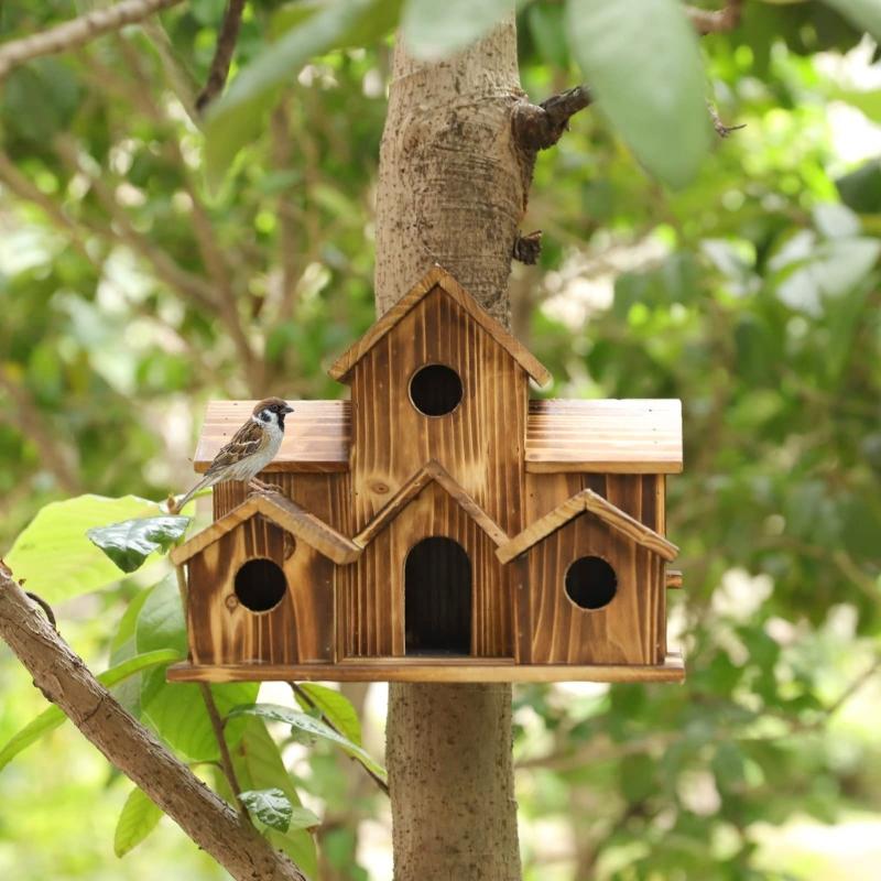 Wood Bird Houses Feeder 6 Holes Wooden Birdhouse Hanging Sleeping Nest for Indoor Outdoor Birds Garden Decoration