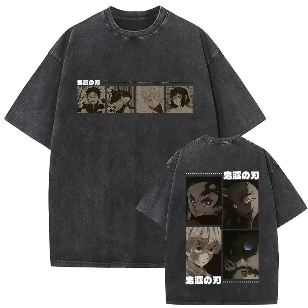 Demon Slayer "Metsu" Kanji & Hashira Group Vintage Washed Double-Sided Graphic T-Shirt, Oversized Anime Streetwear Tee, Unisex Casual Top