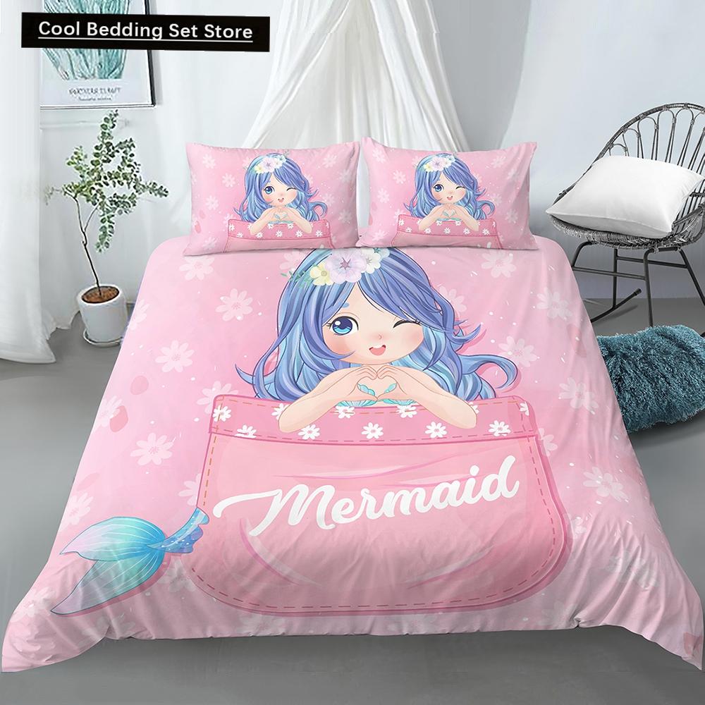Bedding Set Crib Duvet Cover For Baby Kids Children Cartoon Mermaid Girls Princess King Queen Twin 2/3Pcs Polyester Quilt Cover