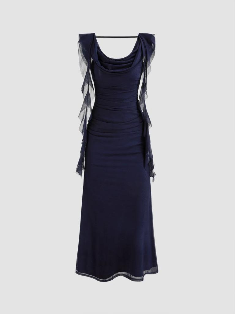 Women's Clothing Summer High-end Mesh Exquisite Dress, Swinging Collar Backless Streamer Design, Slim and Thin Temperament Long Dress