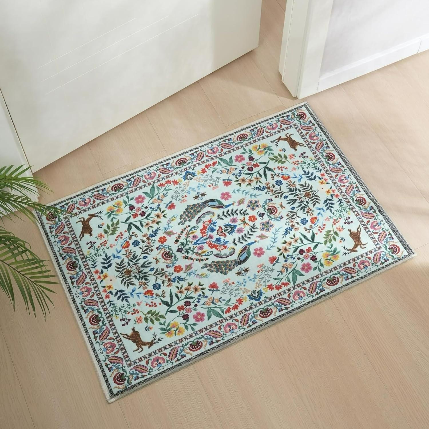 

Botanical Peacock Deer Print Area Rug Spring Inspired Carpet for Living Room Bedroom decor Kitchen Leisure Balcony Mat doormat 40x60cm