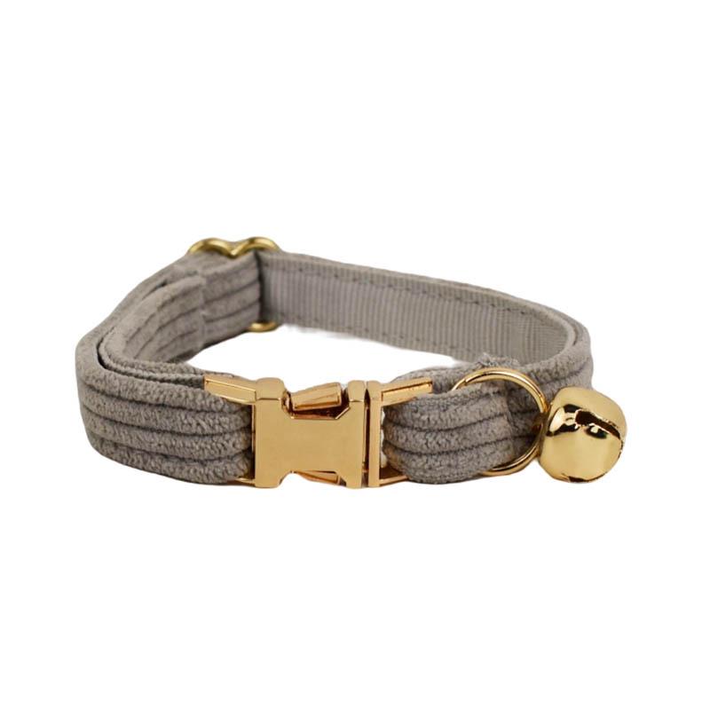 Light Gray Corduroy Cat Collar with Cute Bell, Bow Tie, and Leash