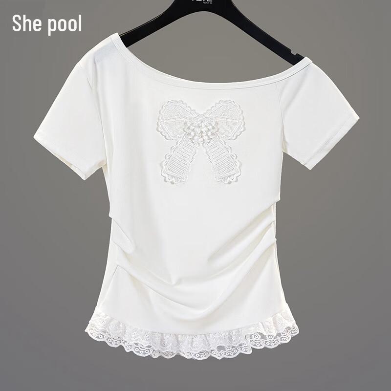 Women s Sweet Lace Patchwork Slim-fit Short Sleeve T-shirt M