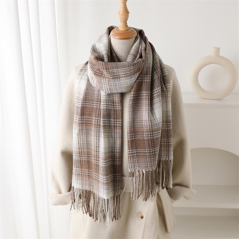 Korean version of imitation cashmere literary lines plaid warm shawl scarf autumn and winter fashion atmosphere versatile fringed scarf