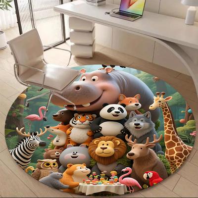 1pc Zoo Party Office Round Area Rug, Indoor Mat Suitable ForOffice, Under Office Chairs Bedroom Living Room Home Decor, Room Deco T106