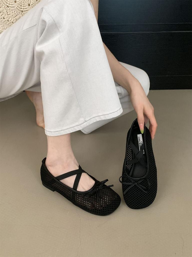 Fashion IPPEUM Mesh Ballet Flats Round Toe Mary Janes Black 2025 New Soft Ballerina Shoes Split Toe