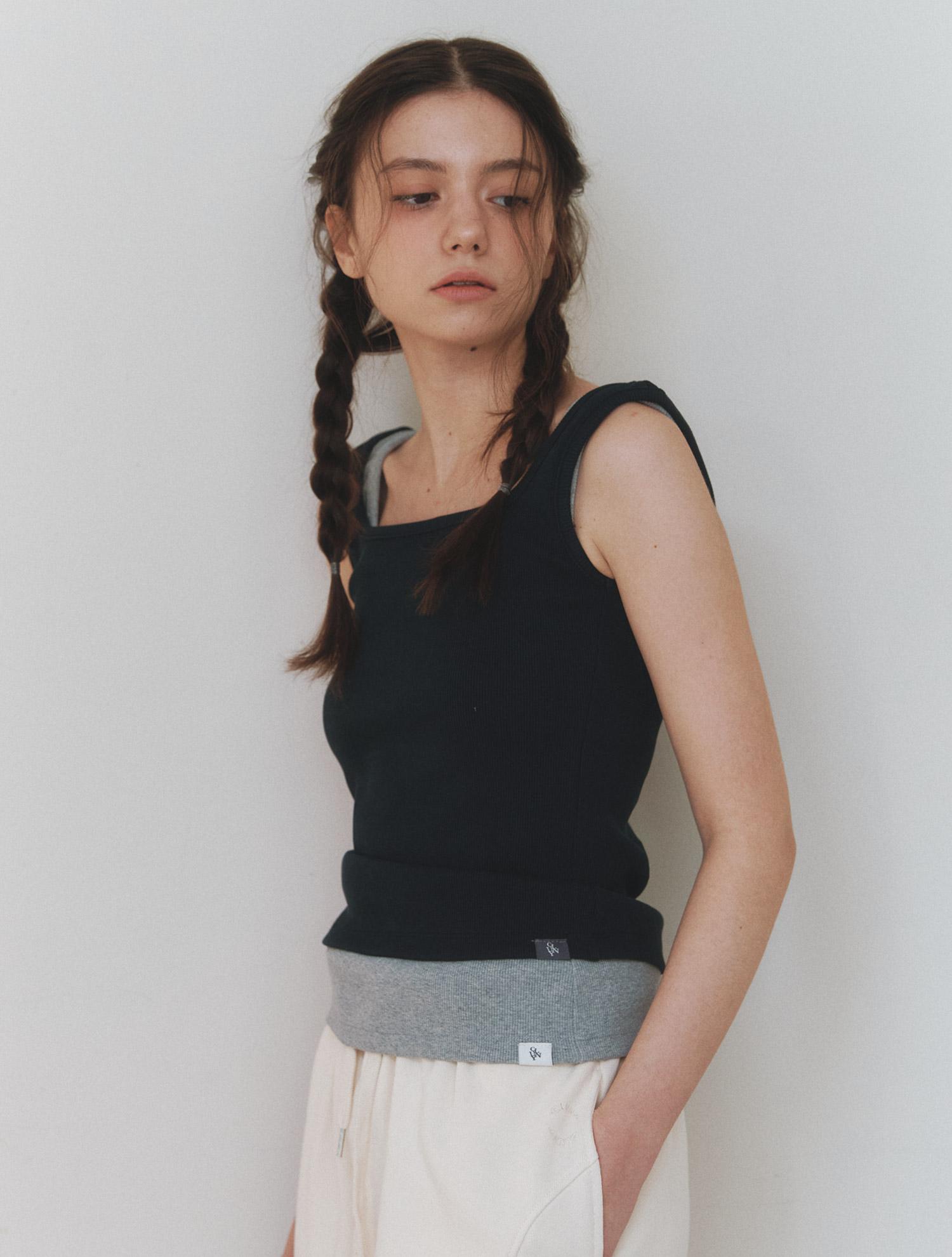 Cluny Cotton Ribbed Square Neck Sleeveless Top - Navy Navy/Free