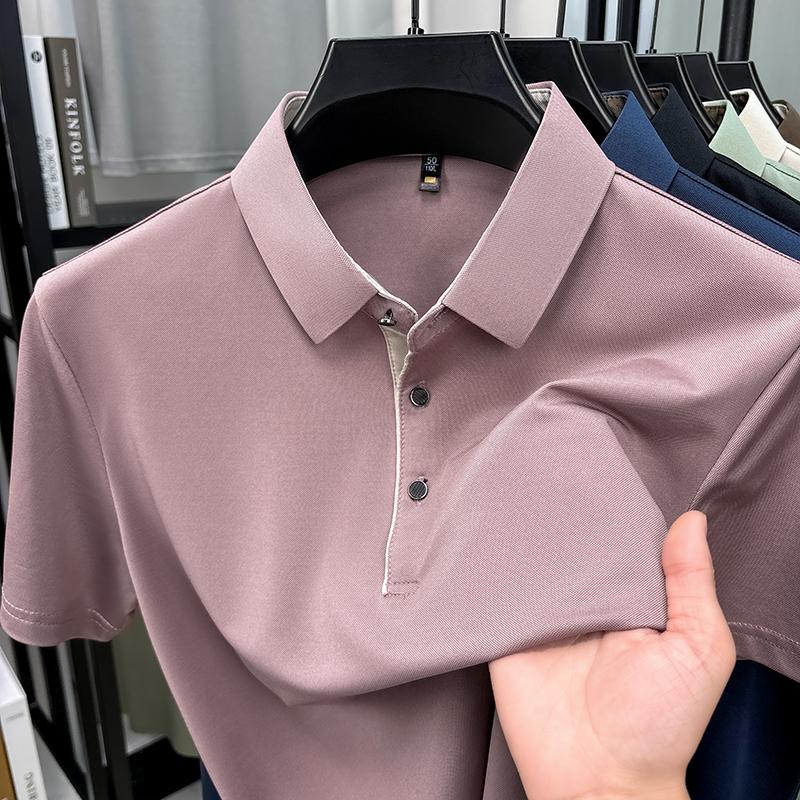 Luxury high-quality short sleeve polo shirt men new summer silk breathable comfortable lapel casual business solid color T-shirt