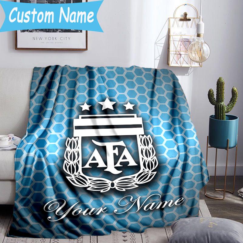Custom Name Argentina Football Crest Flannel Blanket, Use for Birthday/Holiday Gift, Soft Blanket for Sofa/Bed/Camping/Office, Home Decor