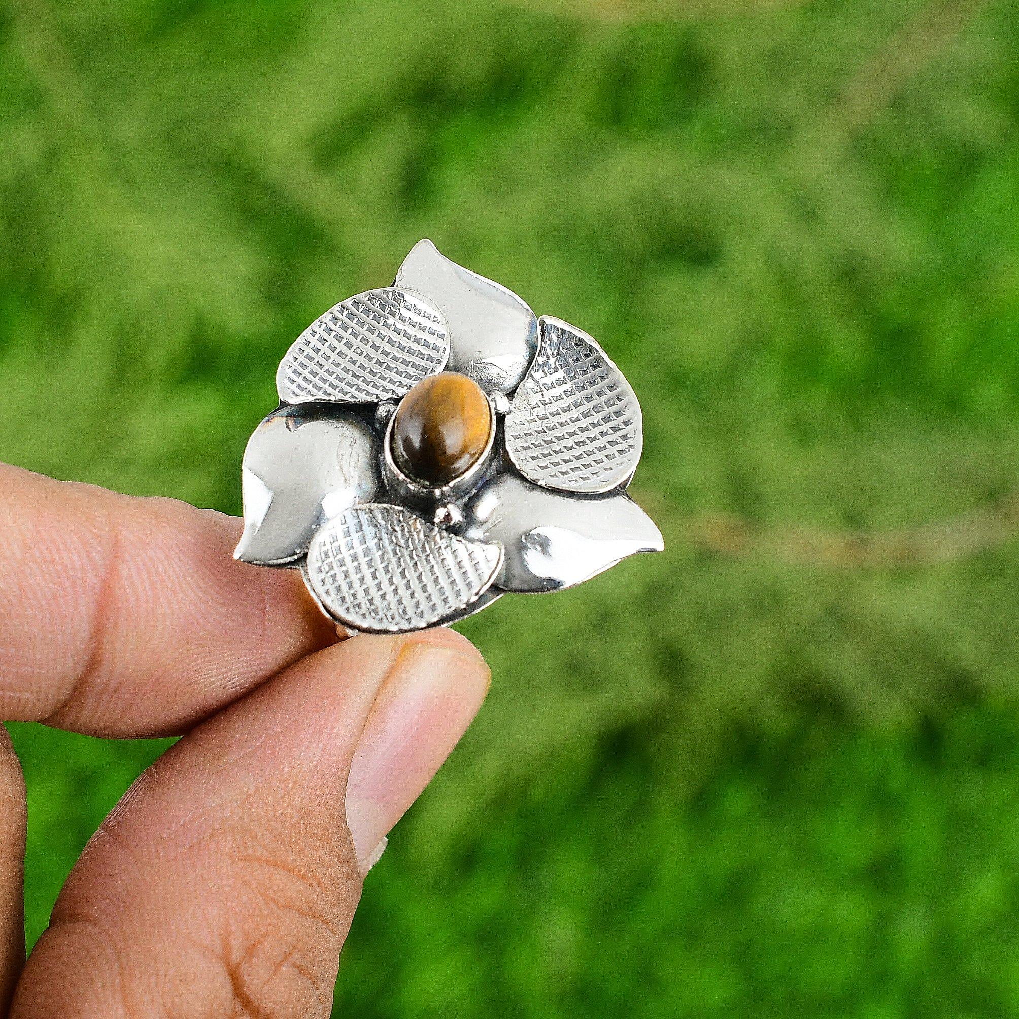 

Gift For Her 925 Silver Natural TigerS Eye Stackable Flower Adjustable Ring Adjustable