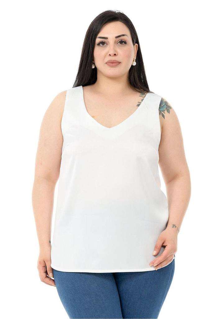Damen Übergröße Bluse Plus Size V-Ausschnitt Ärmellos Satin Smaragdgrüne Bluse mit Seitenschlitzen
