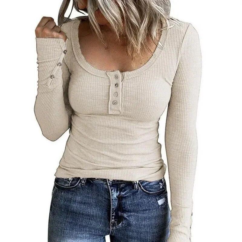 Autumn Long Sleeve T-shirt Y2K T-Shirt Vintage V-neck Streetwear Tees Womens Button Top Top Clothes Pullover Women29570