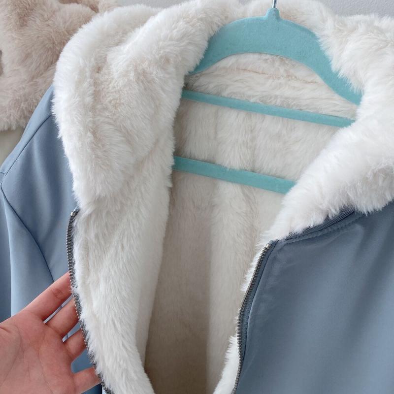 Giacca in cotone di lana d'agnello ispessita su due lati Corea del Sud Plus Giacca da donna in piumino invernale Nuova giacca in cotone con cerniera con cappuccio Y2k