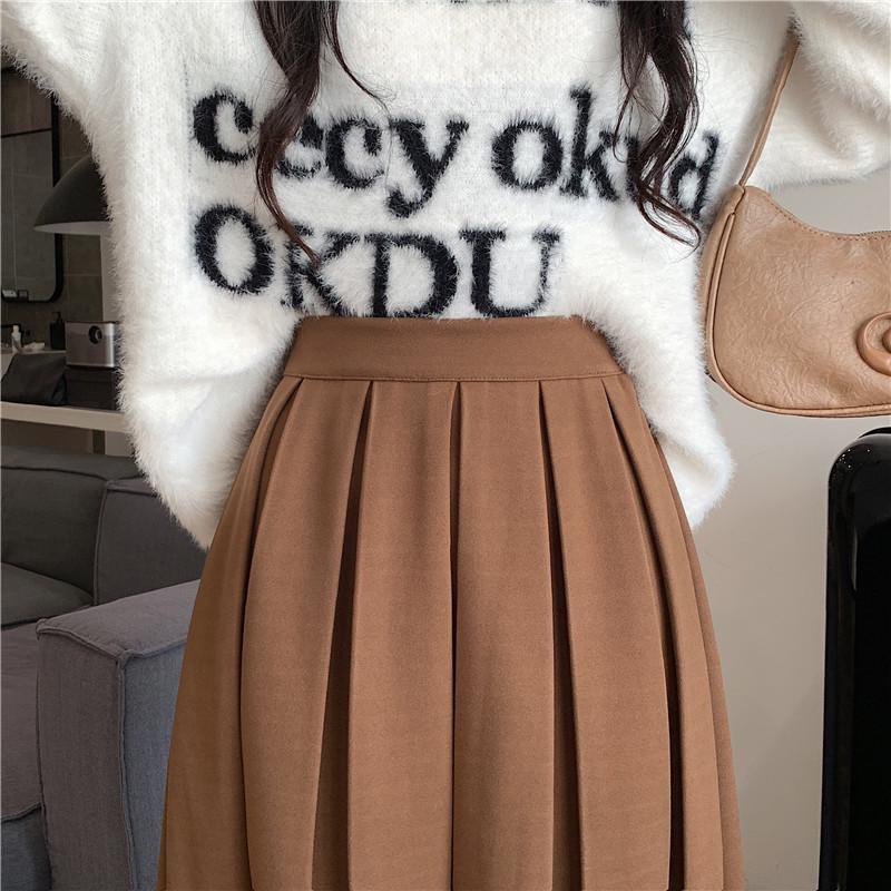 Chic Winter Wool Pleated A-Line Midi Skirt - Plus Size, Age-Reducing, Solid Color