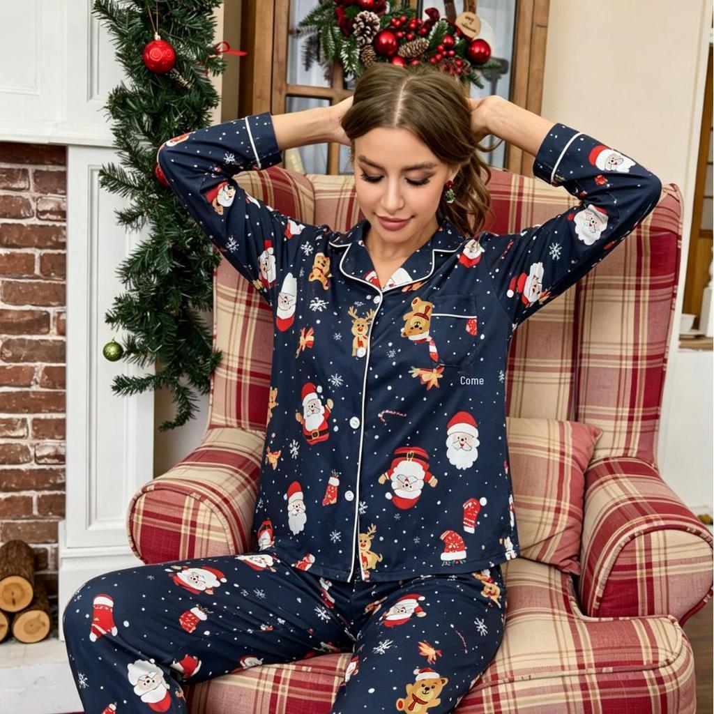 European & American Women's Christmas Lapel Pajama Set - Casual Style, Long Sleeve & Pants