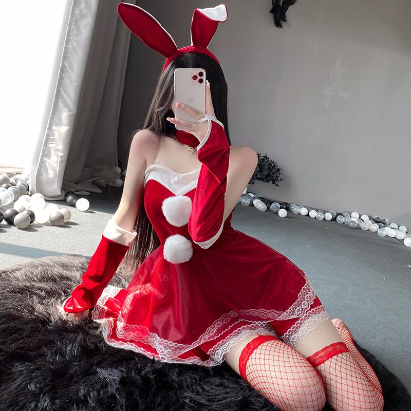 Santa Lingerie Lace Plush Red Christmas Cosplay Costumes Sexy Rabbit Girl Underwear Erotic Sleeveless Sling Nightdress