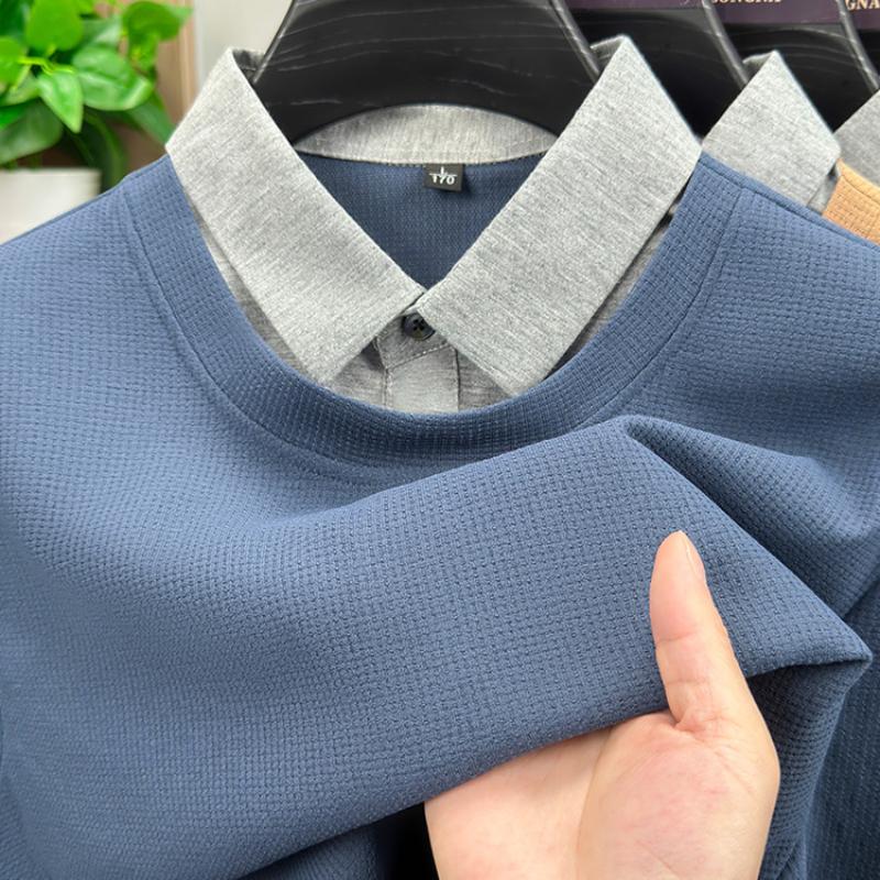New Spring Autumn Style Men's Fake Two-Piece Shirt Collar Sweatshirt Long Sleeve Loose Trendy Fashion Versatile Base Layer Top