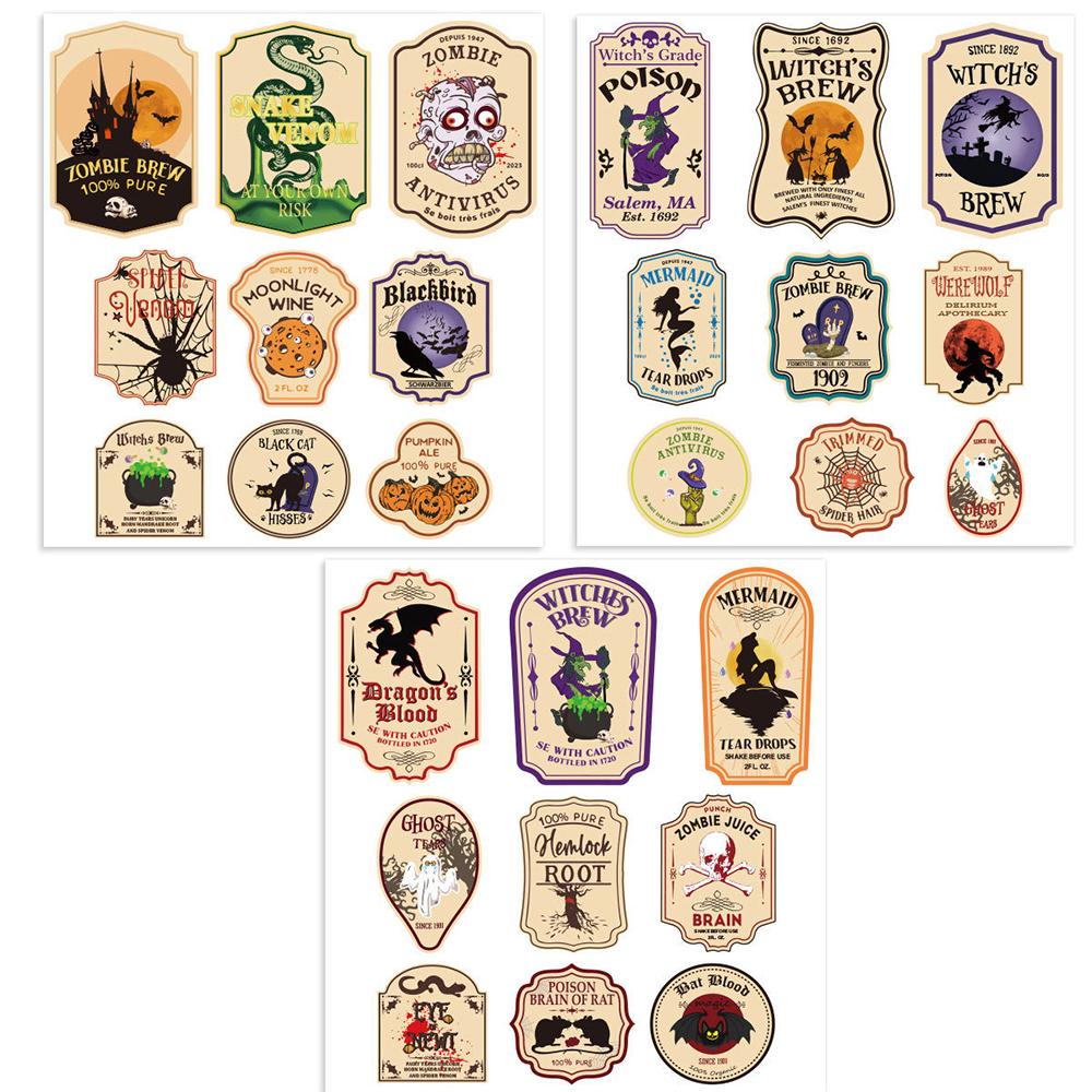 3/15sheets Halloween Bottle Paper Stickers Horror Ambiance Skull Bat Halloween Bar Party Drink Bottle Decoration Supplies