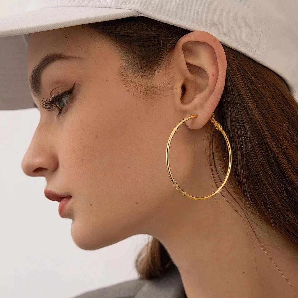 18K Gold Plated Large Hoops Earring Lightwight Gold Hoop Earrings for Women 316L Surgical Steel Post Lightweight Hypoallergenic