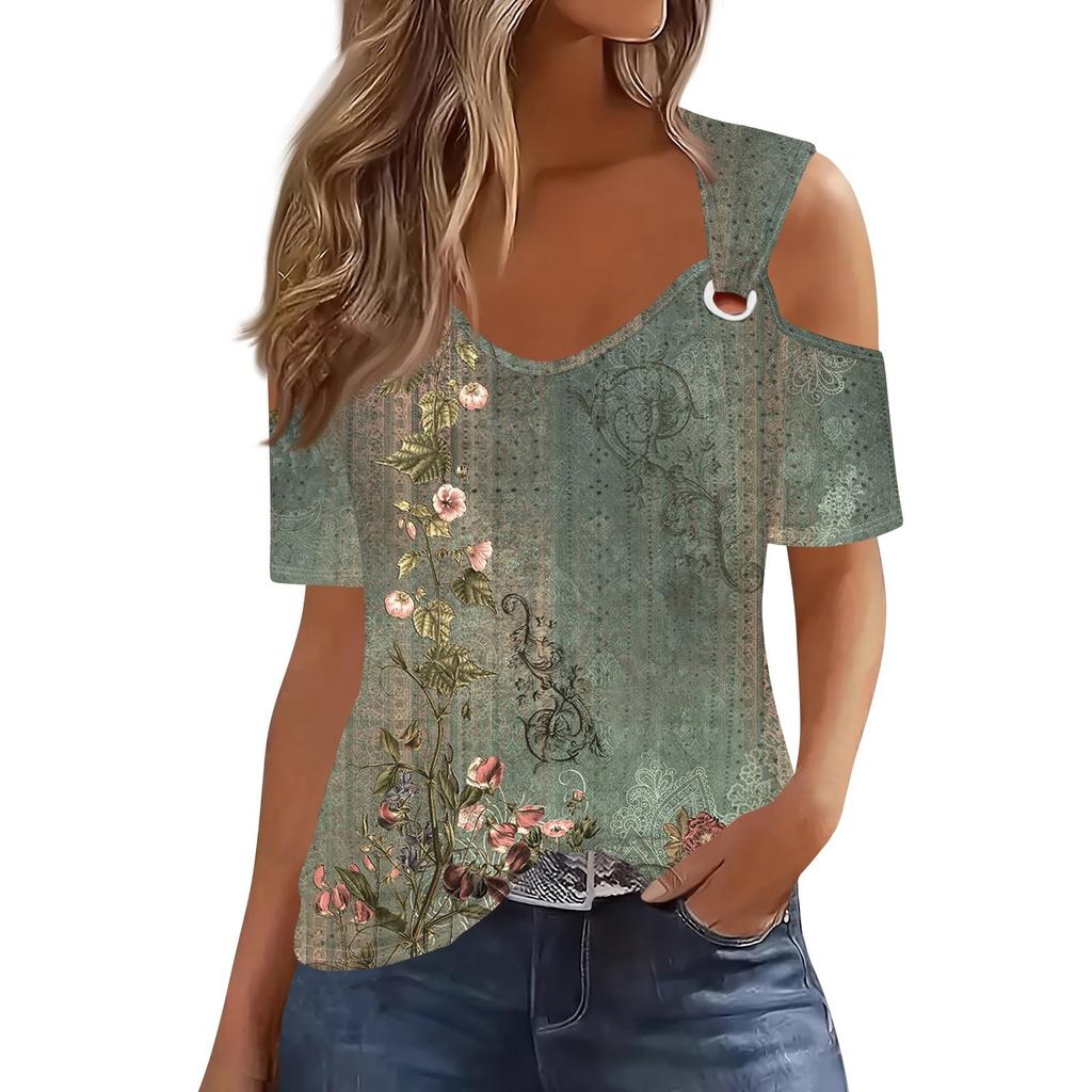 Sexy Cold Sholuder Tops For Women  Summer Hollow Out Eyelet Short Sleeve Blouse Loose V Neck Tshirt Trendy Casual Tunics
