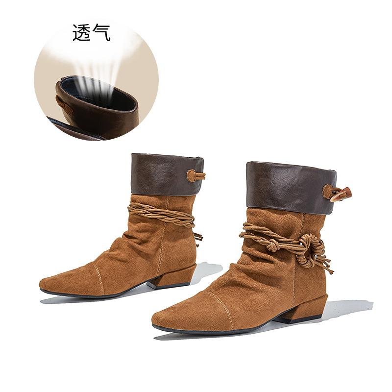 2025 autumn and winter new wasteland wind fringed short boots women's casual thick heel thin pile boots versatile foreign style Martin boots