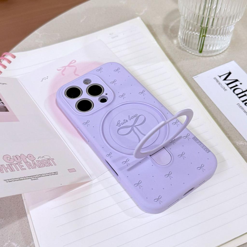 MagSafe Bowknot Silicone Phone Case with Ring Holder, Cute Macaron Color Kickstand Cover for iPhone