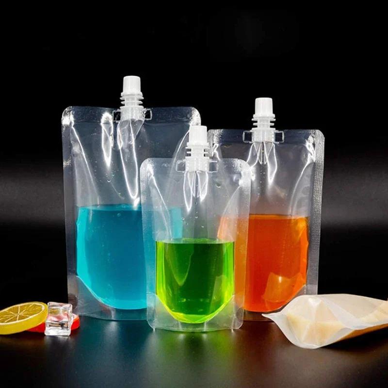 50/100PCS Clear Drink Pouches Packaging Liquid Bag With Nozzle Stand Up Sealed Suction Nozzle Bag Milk Tea Juice Bag Print Logo