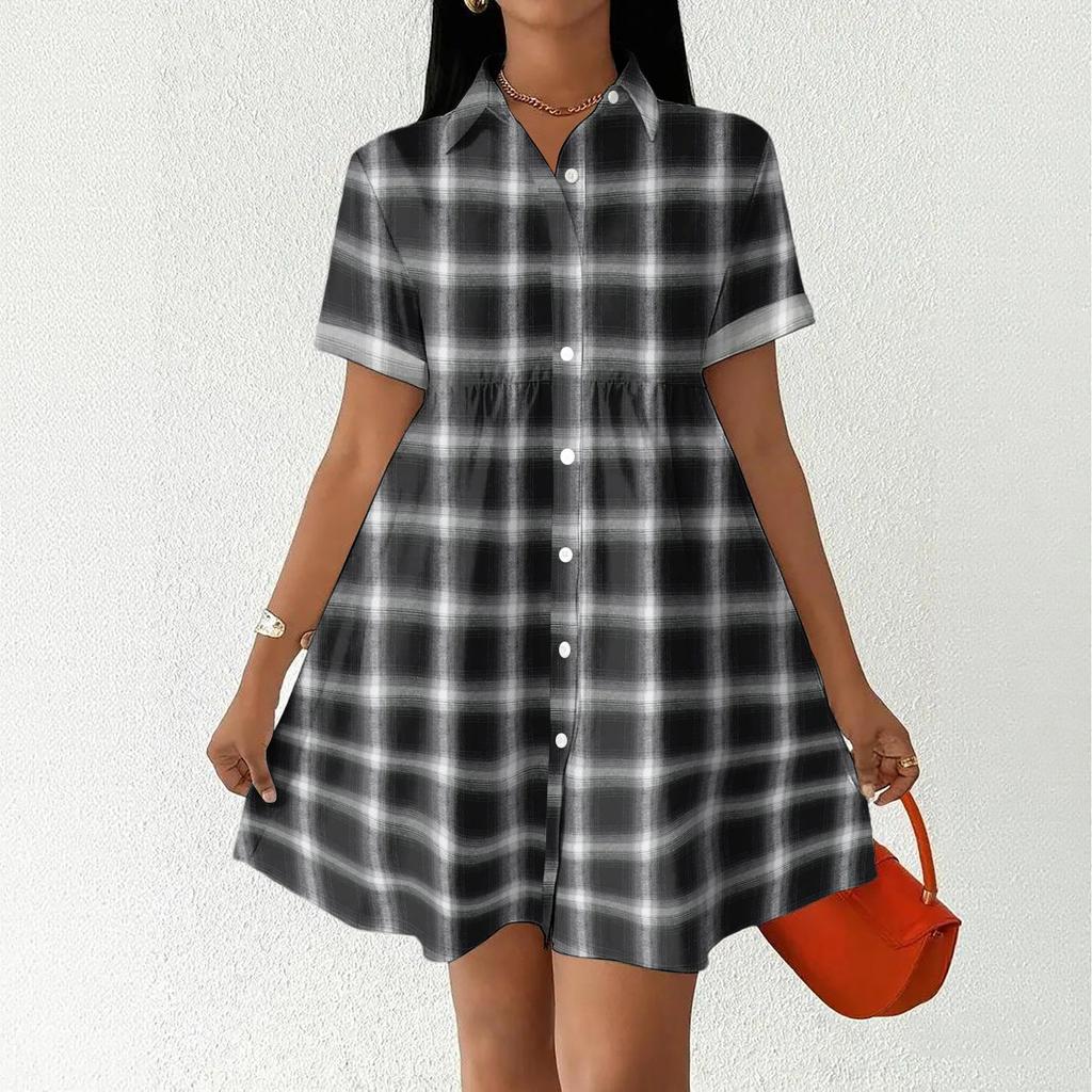 Women’s Casual Loose Fit Shirt Dress Button Front Stand Collar Plaid Pattern Short Sleeve Relaxed Tunic Dress for Daily Wear