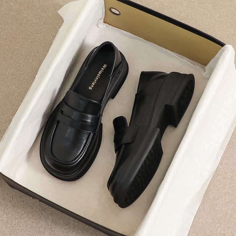 

Weiwei Girl 523-5 Women s Thick Bottom Loafers, 2023 Retro Black Slip-On Leather Shoes 43