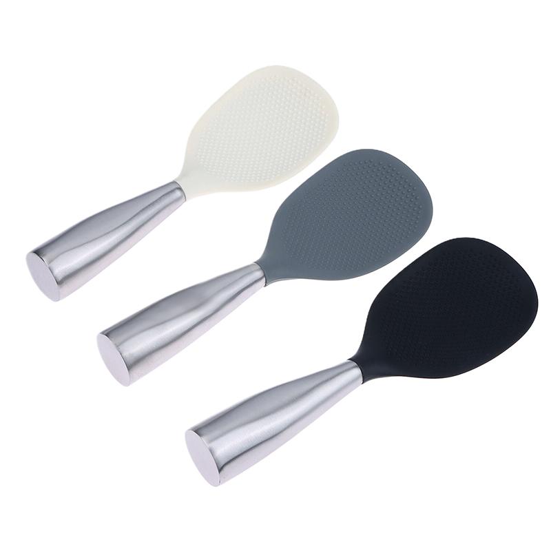 1Pc Silicone Spoon Non-Stick Cooking Spoon Stainless Steel Handle Anti-Scalding Pot Rice Spoon Durable Kitchen Gadgets