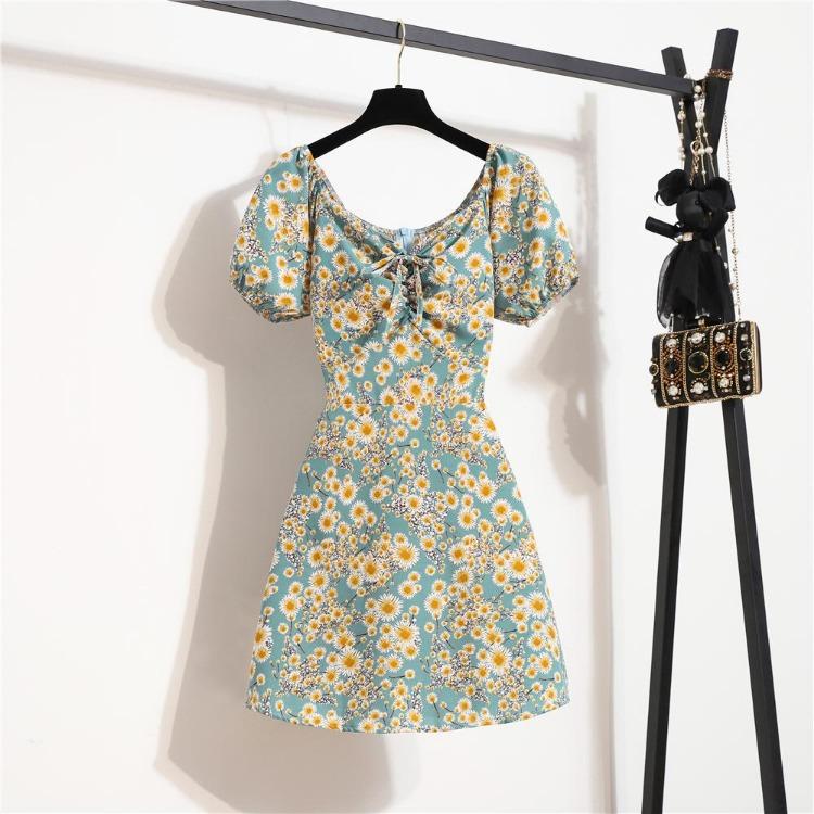 Elegant Floral Printed Women Mini Dress Bohemian Pleated Puffy Sleeve Sexy Summer Vestidos Shirring Female Short Dress Korean Style