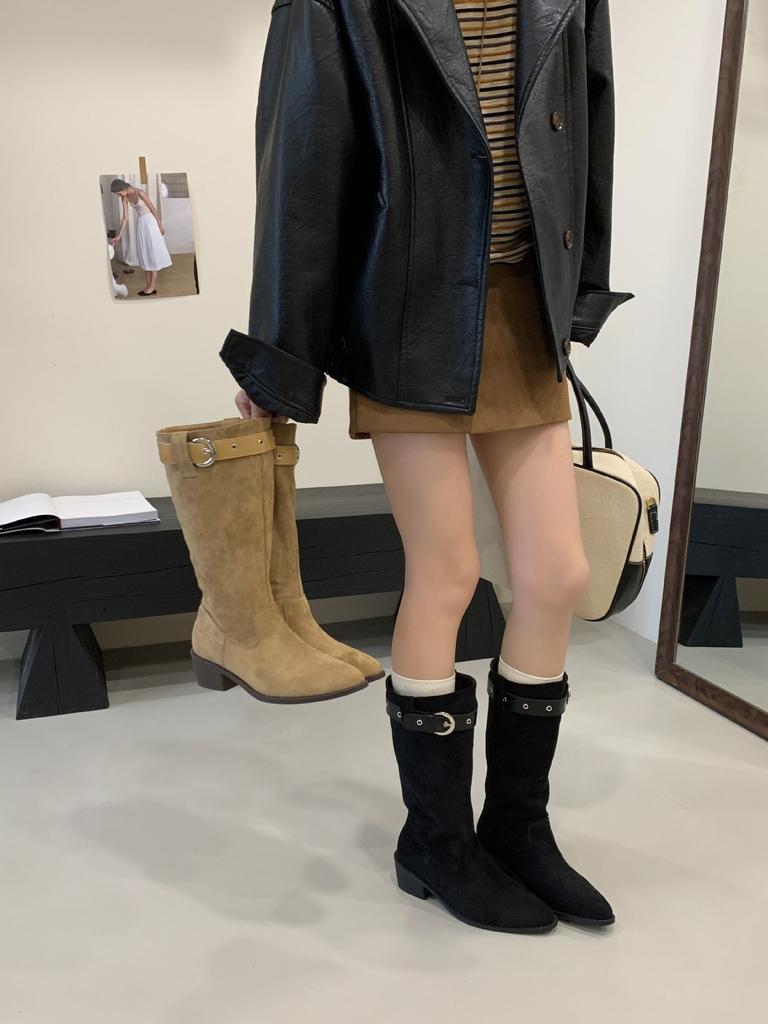 Vintage 2025 autumn and winter new thick heel buckle with western cowboy British style knight boots casual mid boots