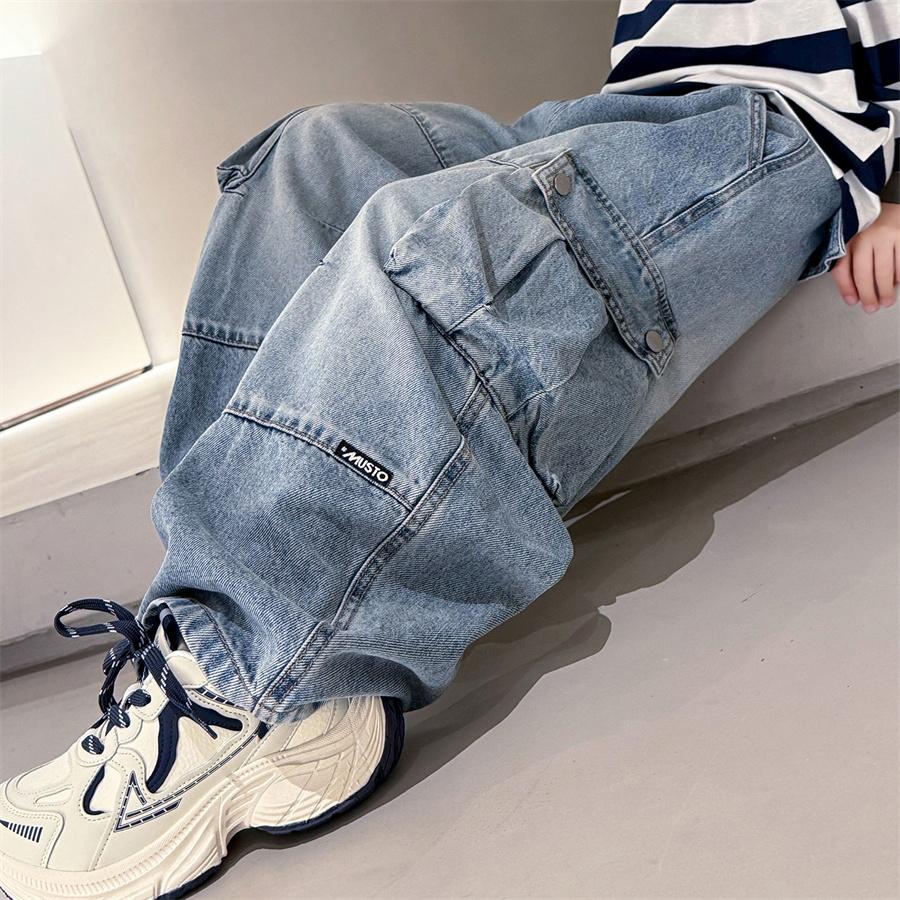 Jeans Cargo Larghi da Lavoro Pesanti di Alta Qualità per Ragazzi Adolescenti Vestibilità Larga Tasche Pantaloni in Denim Bambini Pre-adolescenti Moda Jeans Pantaloni