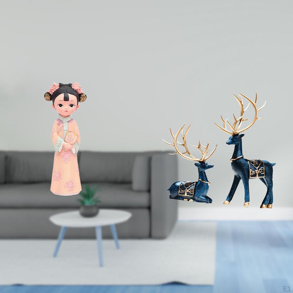 Traditional Chinese Girl Resin Statue Sculpture Miniature Figurine And Reindeer Deer Statues