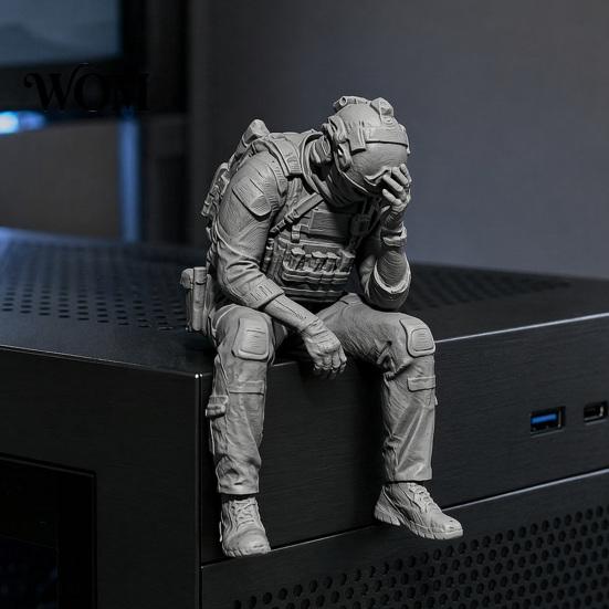 Tactical Equipment Sculpture 3D Printed Soldier Figurine Ornament, Sitting Statue, Desk Accessory Funny Tired for Table Shelf Edge Decor Miniature