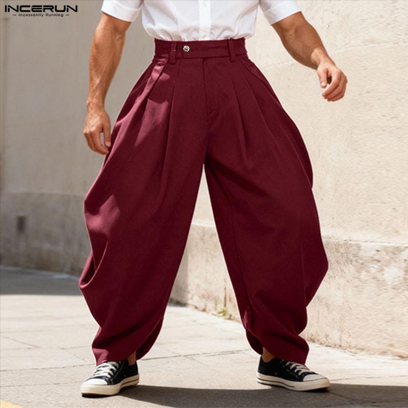 INCERUN Summer Men Zipper Waist Casual Ruffled Long Pants Trousers