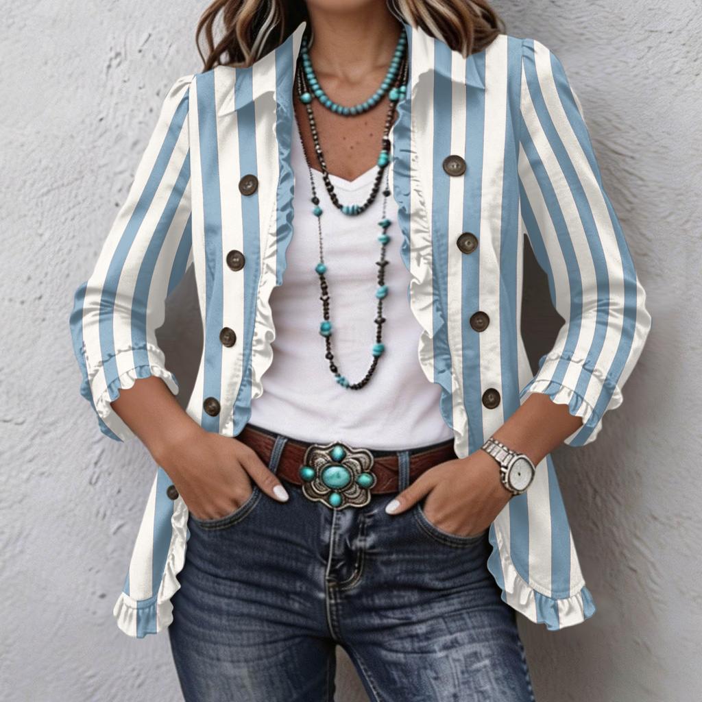 Damen Casual Vertikal Gestreift Print Langarm Rüschen Knopfleiste Hemd Jacke für den Alltag