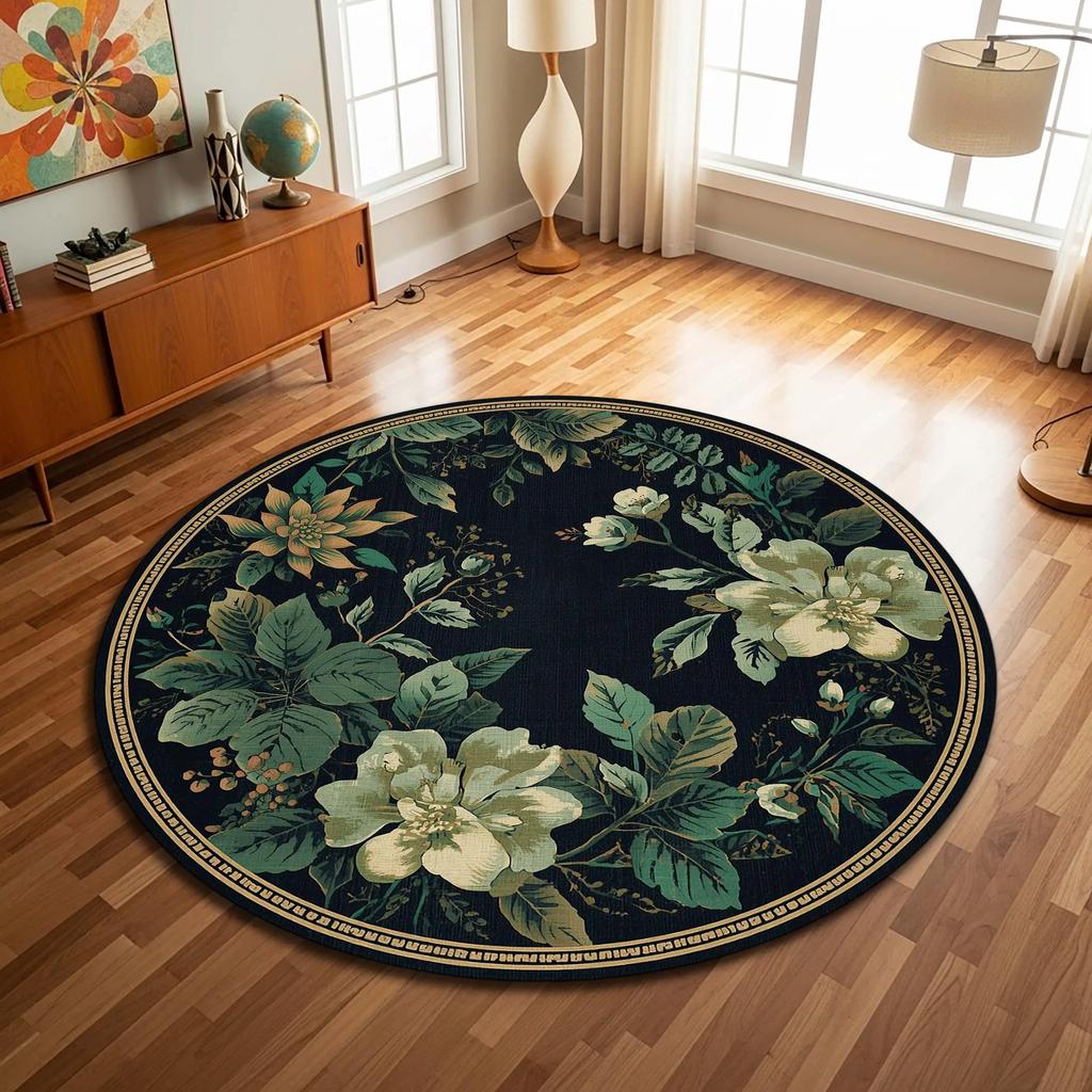 Round Botanical Floral Area Rug for Living Room Boho Chic Style Indoor Decor Natural Greenery Design