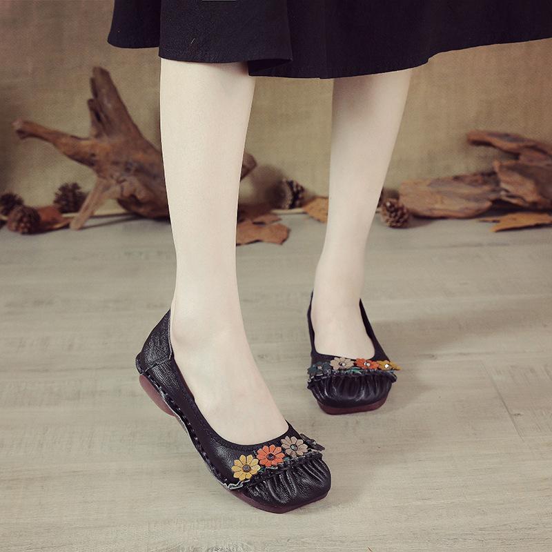 Fashion New handmade winkles ballet flats women's autumn shallow shoes woman flower square toe driving flats daily long standing shoes