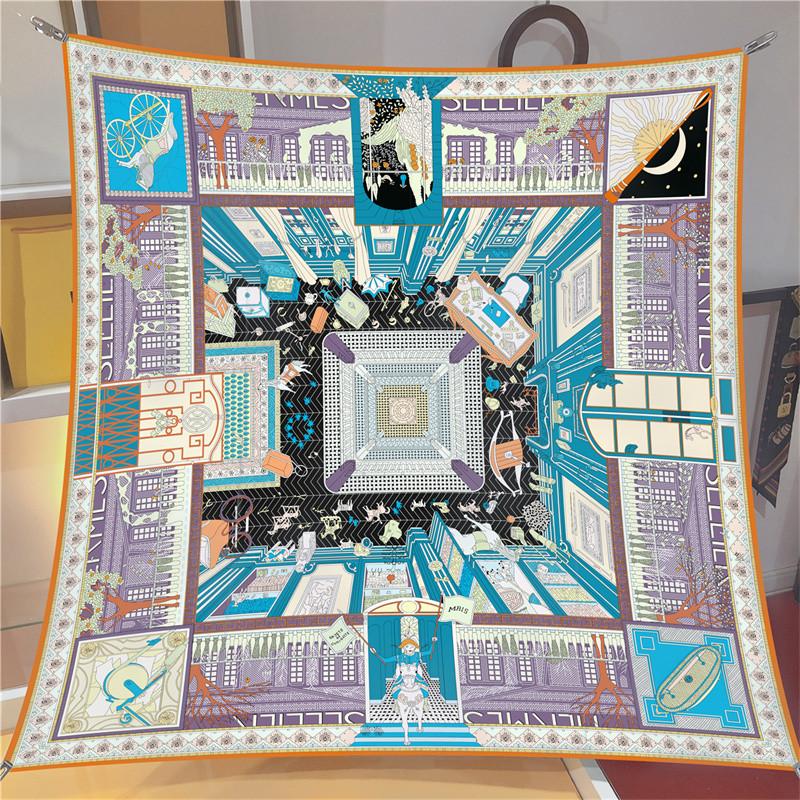 

90X90Cm New Design Shawl Palace Printed Silk Scarf Square Scarves Lady Wraps Kerchief Woman Neck Shawl Wraps Echarpes 90CM x 90CM