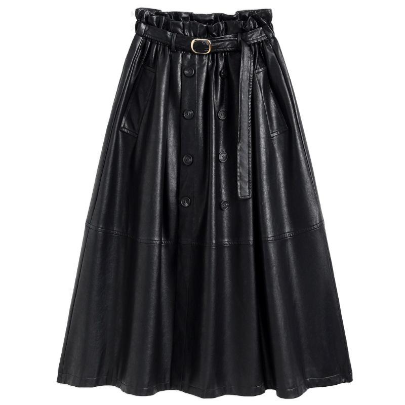 Women's Elegant Lambskin High Waist Pleated A-line Skirt, Mid-length Korean Style