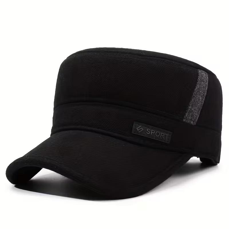 

Men S Thickened Fleece-Lined Winter Hat with Earflap & Snap Closure - Heavy-Duty Warm Beanie, Flat-Top Design чорний